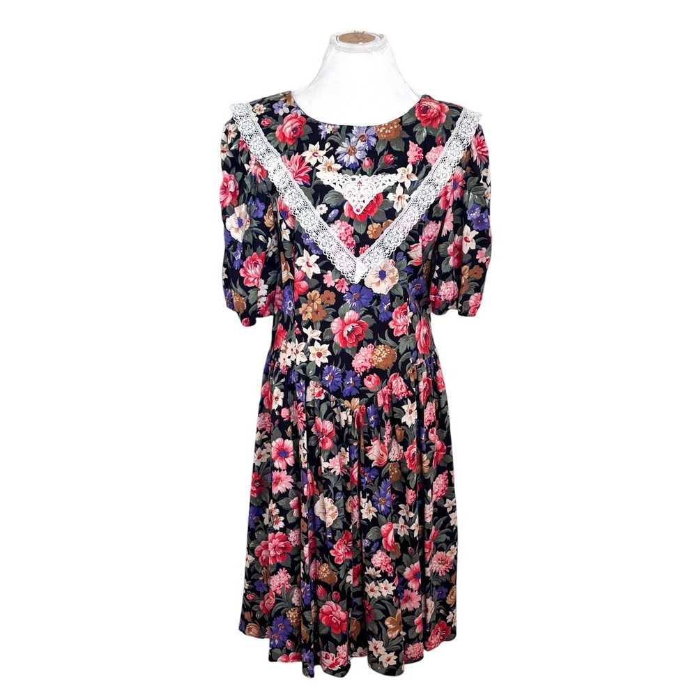 Glenfrey Vintage 80s Cottagecore Basque Waist Midi Dress Size 18 Floral Modest - Picture 1 of 11